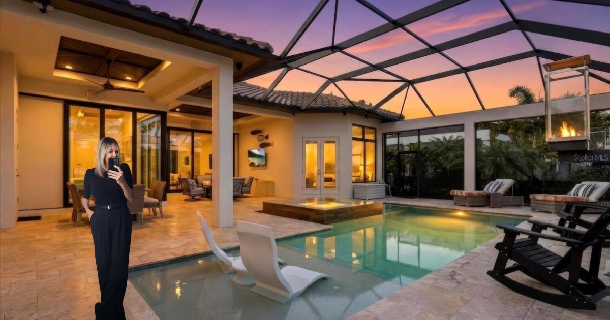 Jess, luxury real estate specialist, at a stunning screened pool home at sunset in Sarasota, Florida
