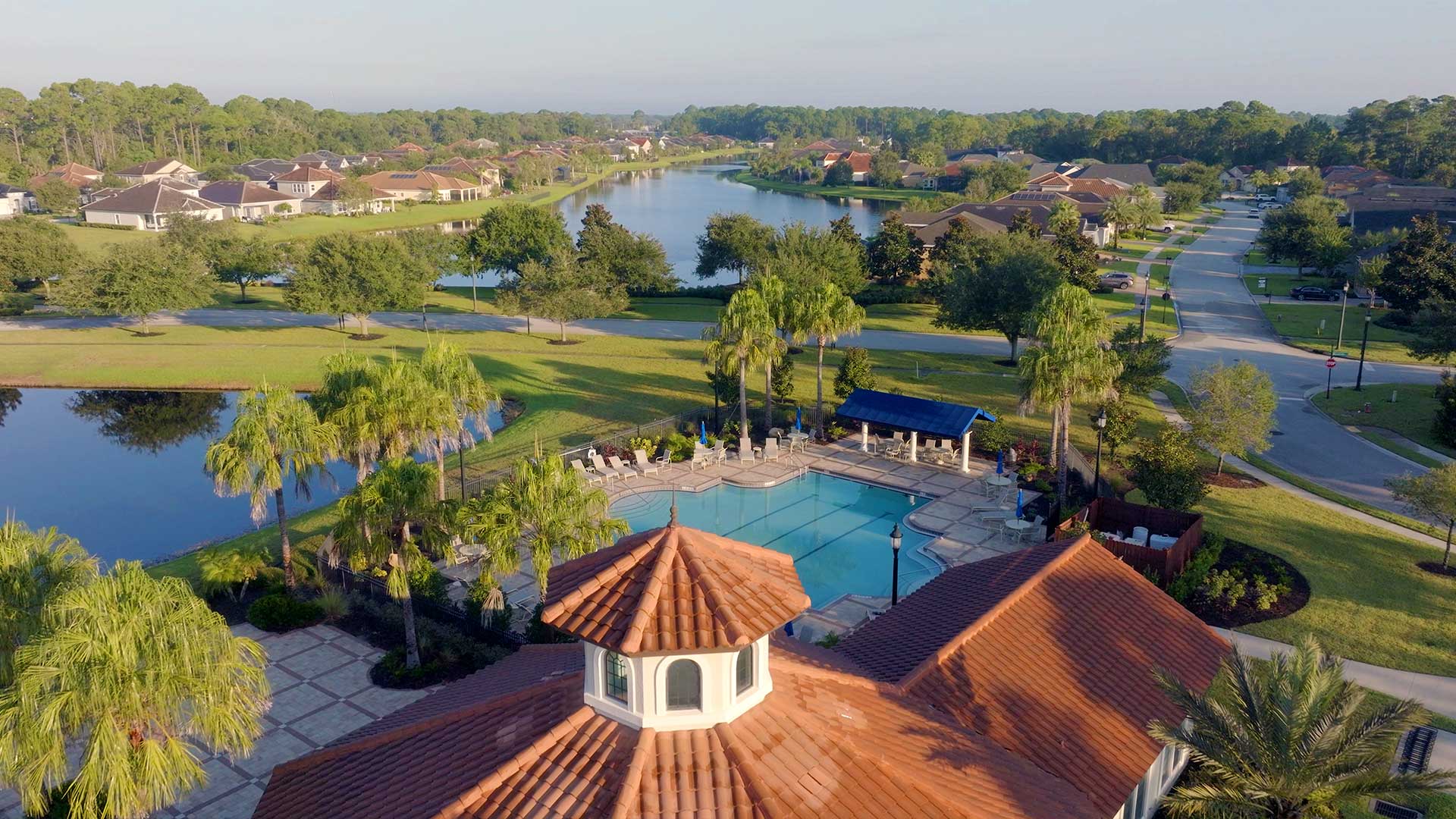 Aerial view of Madeira at St. Augustine community pool and waterfront homes